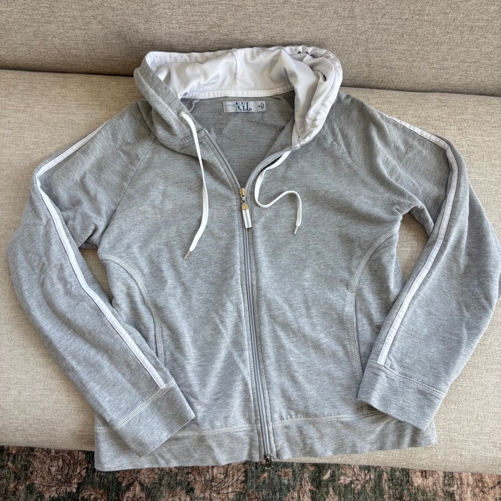 New York Laundry Zip Up Hoodie M Gray White Stripe 2000s Workout Retro Y2K Mom